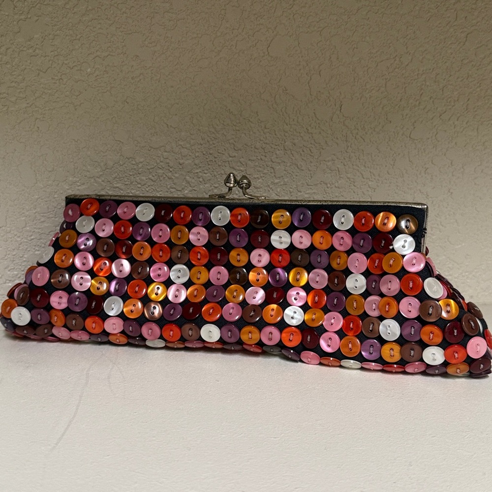 Vintage Multiple Color Buttons Covered Clutch Handbag/Purse with Metal Chain